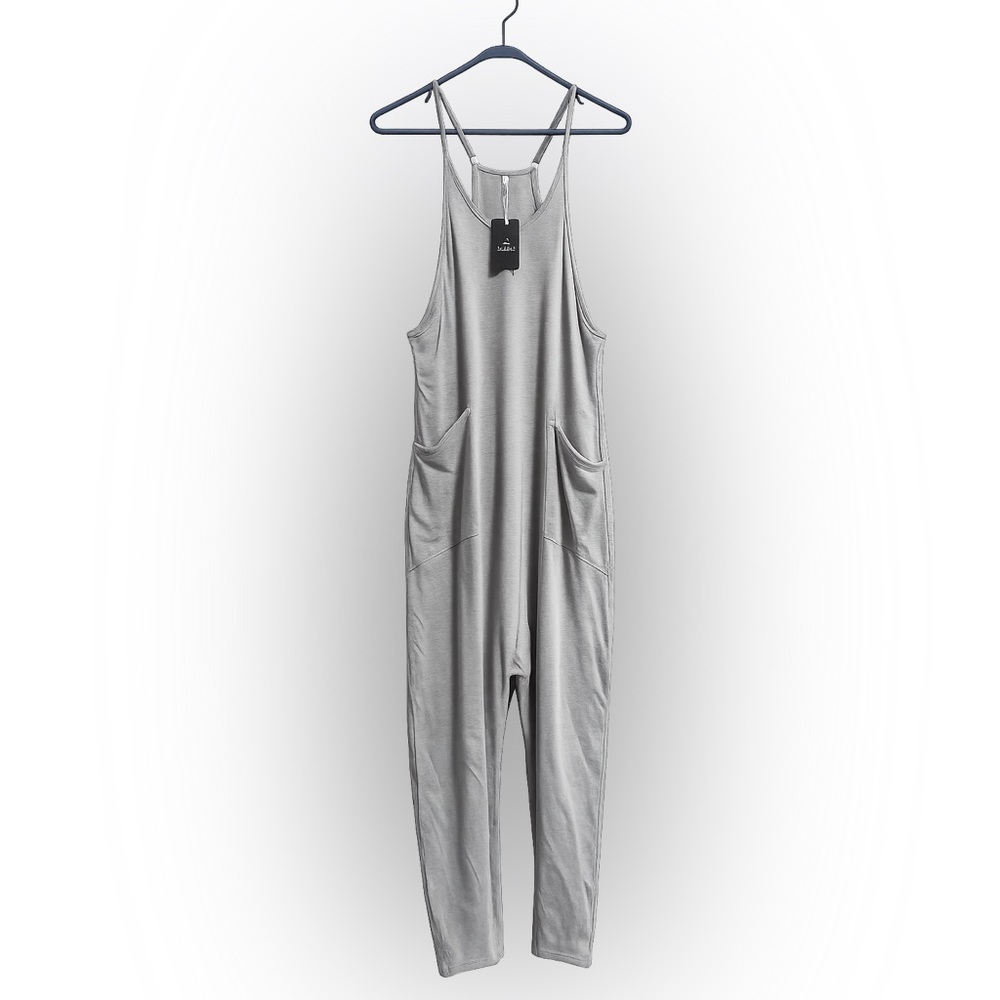 Women's Grey Relaxed Strap Jumpsuit with Side Pockets